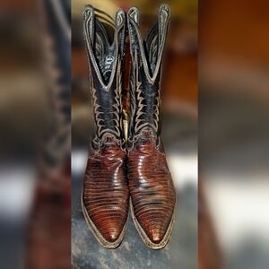 Justin Boots Brown Croc-Embossed Foot with Black Embroidered Shaft Western Boots